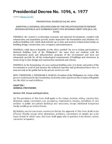 pd no. 1096|Presidential Decree No. 1096, S. 1977 .